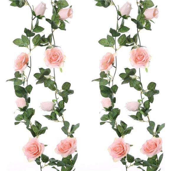 2 Pack Pink Artificial Floral Garland 13 FT Fake Rose Vine Hanging Rose Garland - Picture 1 of 6